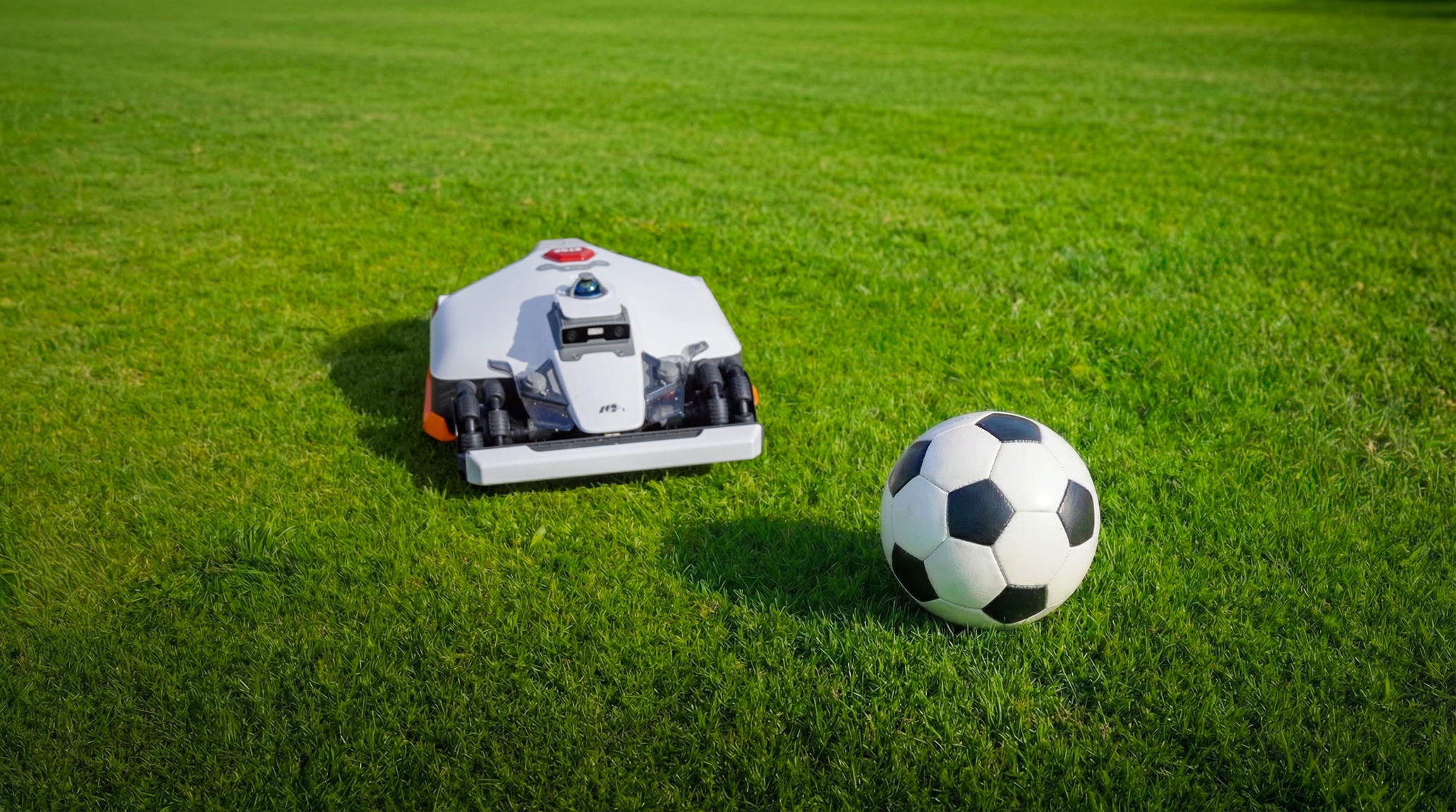 Robotic mower navigating around a soccer ball